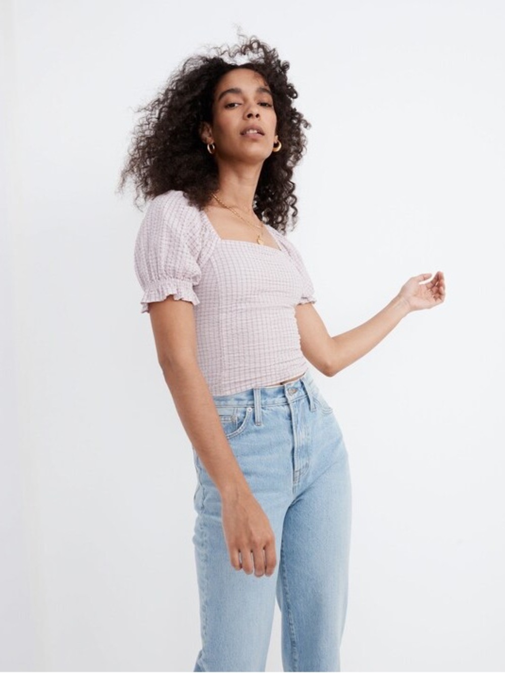 Madewell Seersucker Hopewell Puff-Sleeve Crop Top in Grape Plaid